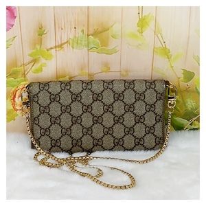 Gucci Beige and Brown Wallet with Gold Chain